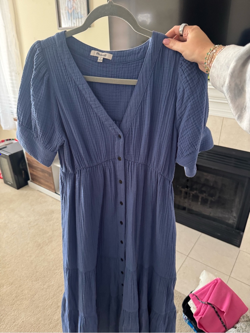 Madewell Dusty Blue Button-Front Tiered Maxi Dress